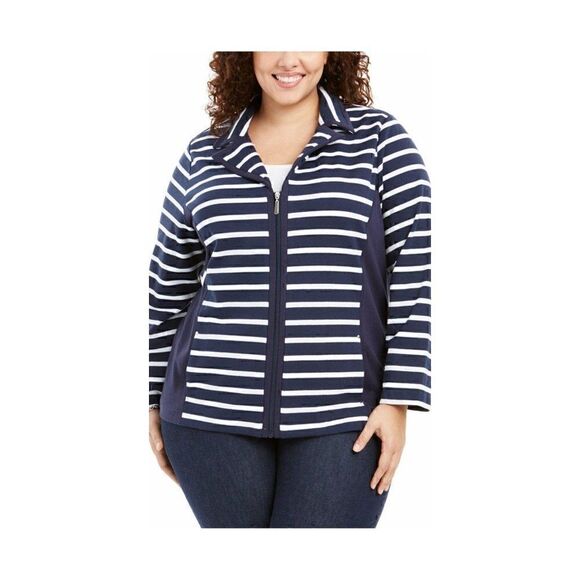 ‎Karen Scott Plus-Size Blue/White Zip-Front Jacket - Picture 1 of 5